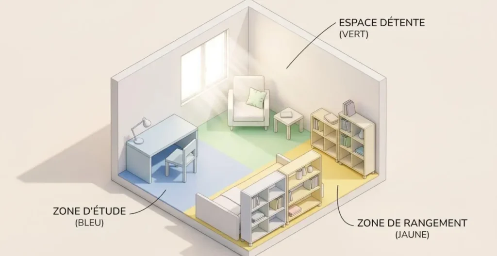 Illustration 3D isométrique d'un studio étudiant de 18m² divisé en trois zones fonctionnelles codées par couleur : zone de travail bleue, zone de pause verte, zone de rangement jaune Illustration 3D isométrique d'un studio étudiant de 18m² divisé en trois zones fonctionnelles codées par couleur : zone de travail bleue, zone de pause verte, zone de rangement jaune